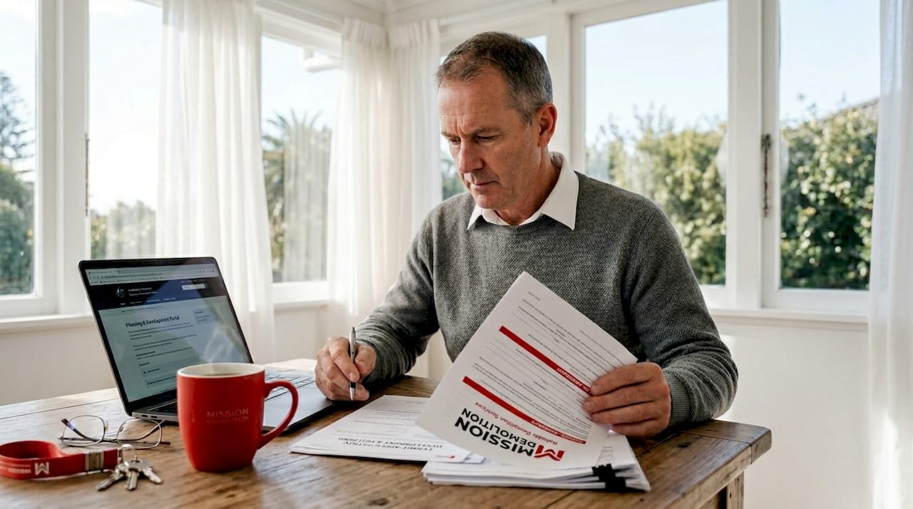 Homeowner reviews asbestos permit paperwork in kitchen