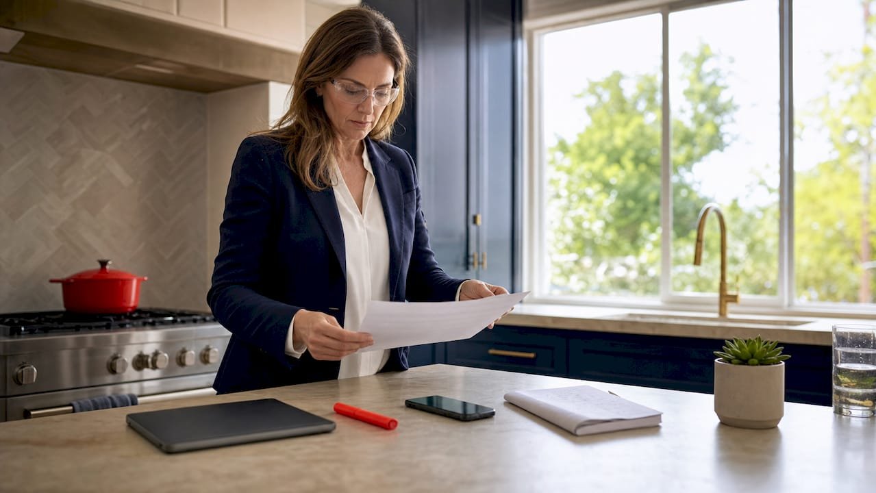 Woman reviewing asbestos compliance checklist papers