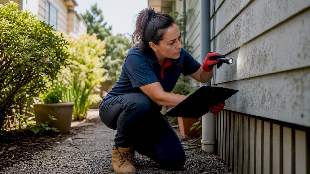Inspector examining asbestos on house exterior