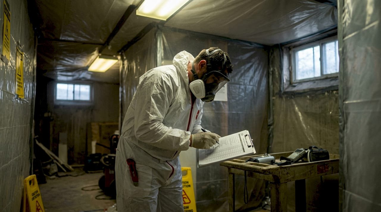 Licensed asbestos contractor inspecting containment setup