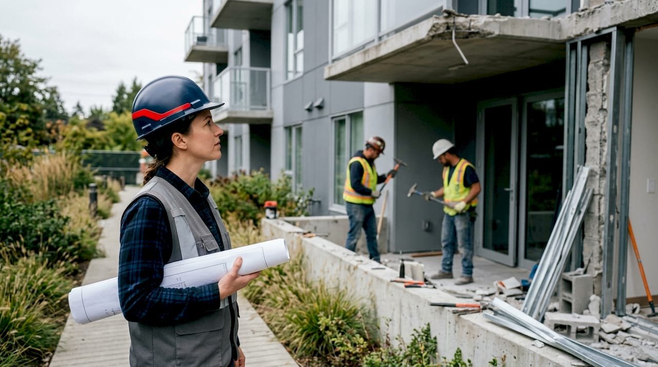 Engineer inspecting partial demolition site