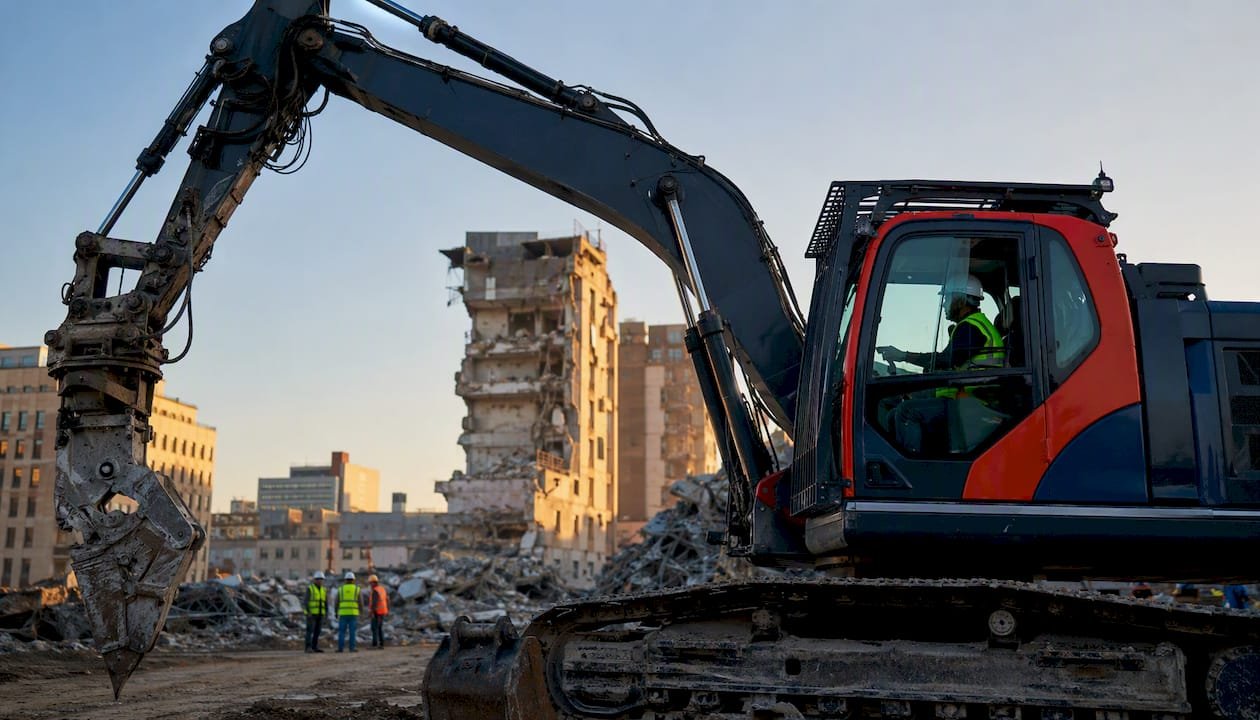 Close-up of high reach demolition excavator and attachments