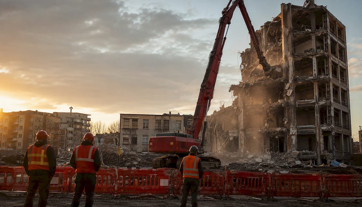 High reach excavator demolishing tall building