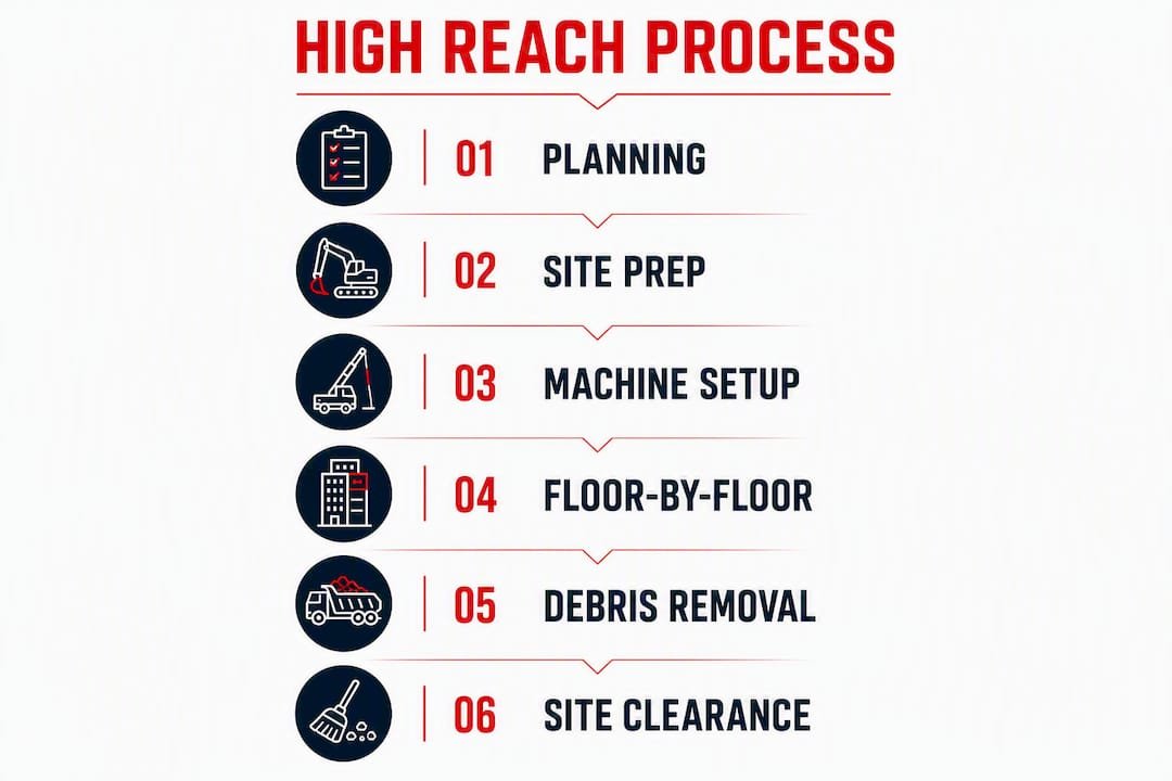 Infographic illustrating steps of high reach demolition process