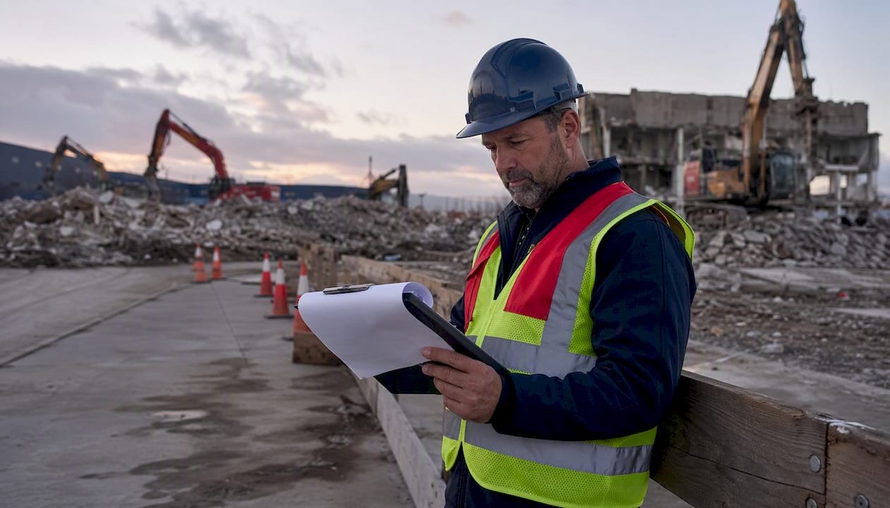 Site manager reviewing demolition compliance documents outdoors