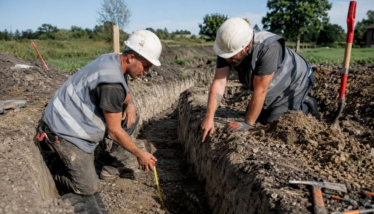 Workers measuring excavation trench precisely