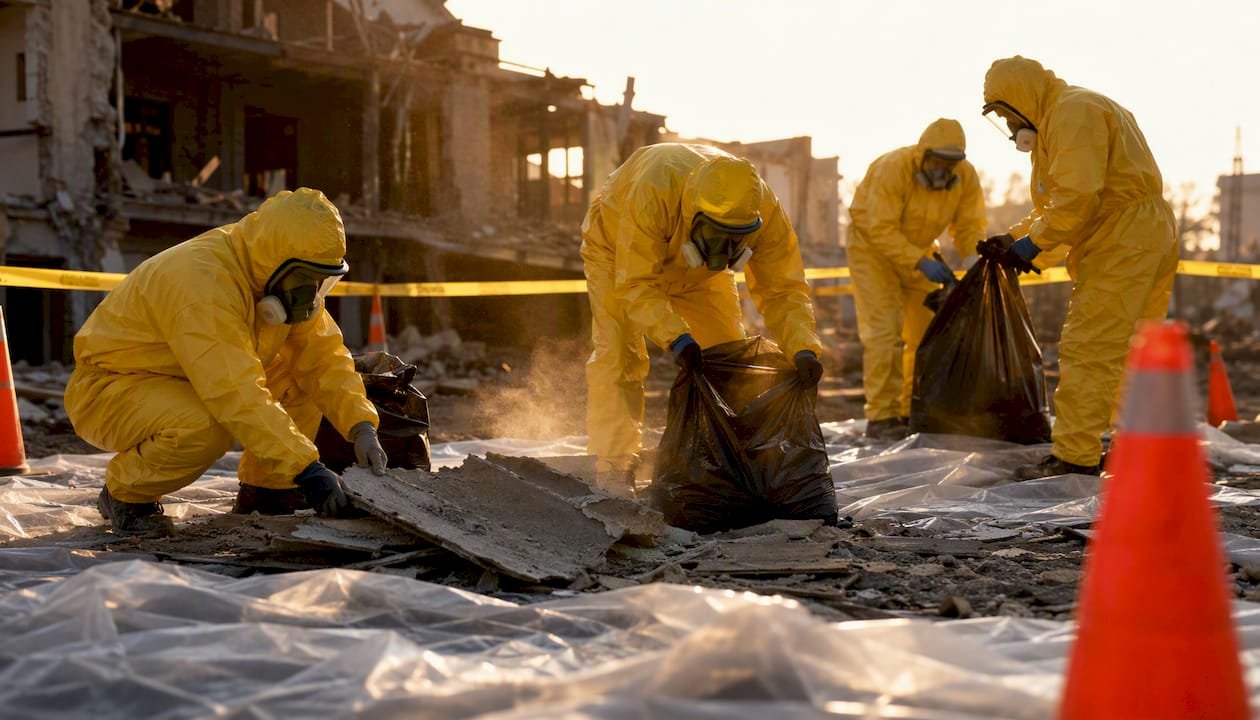 Asbestos removal crew at demolition site