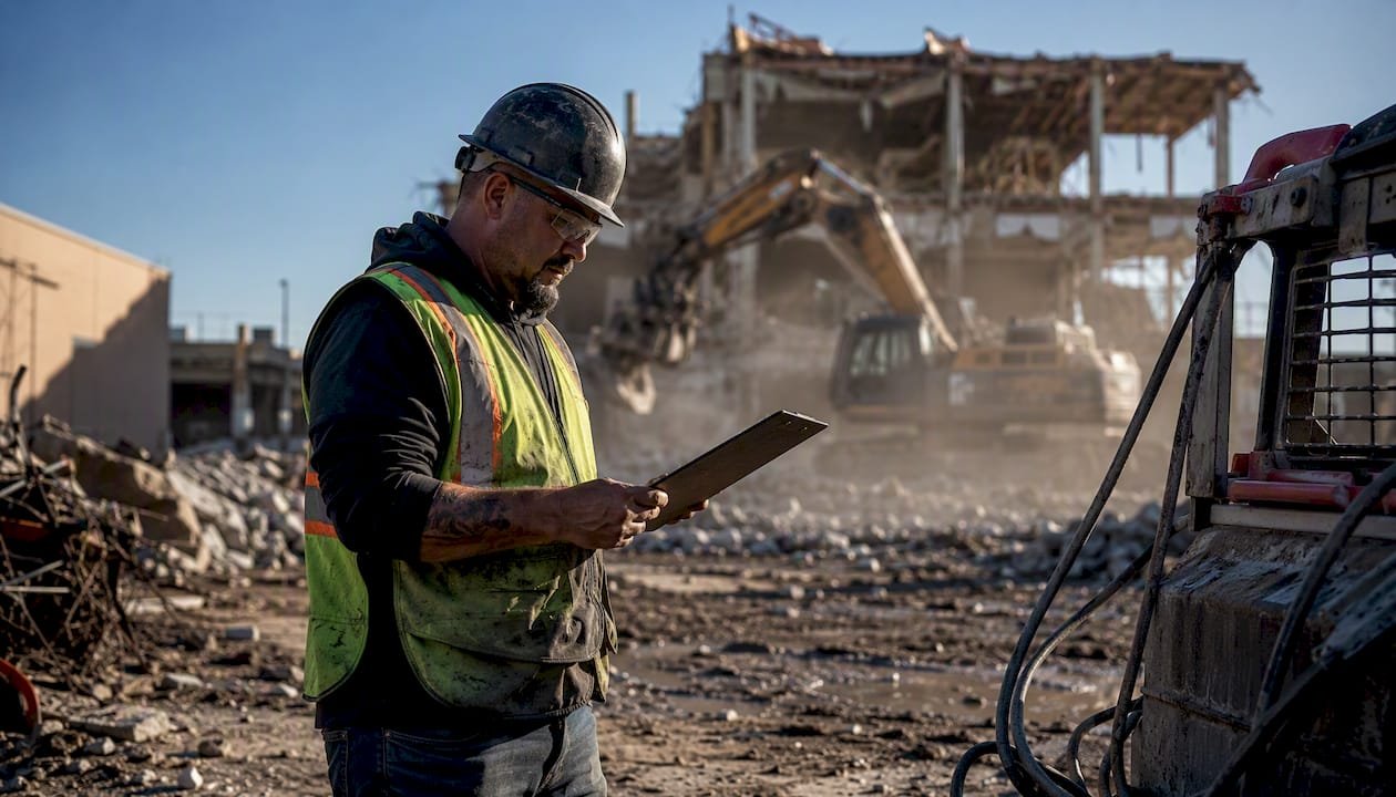 Foreman onsite checking demolition data