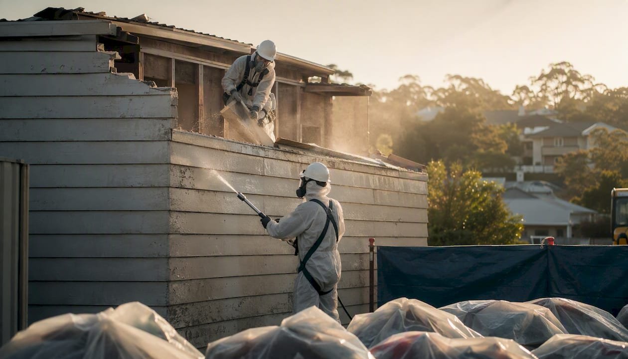 Licensed workers safely demolishing fibro garage
