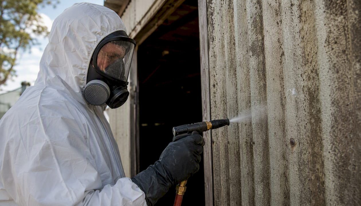 Wet-spray asbestos suppression on fibro garage panel