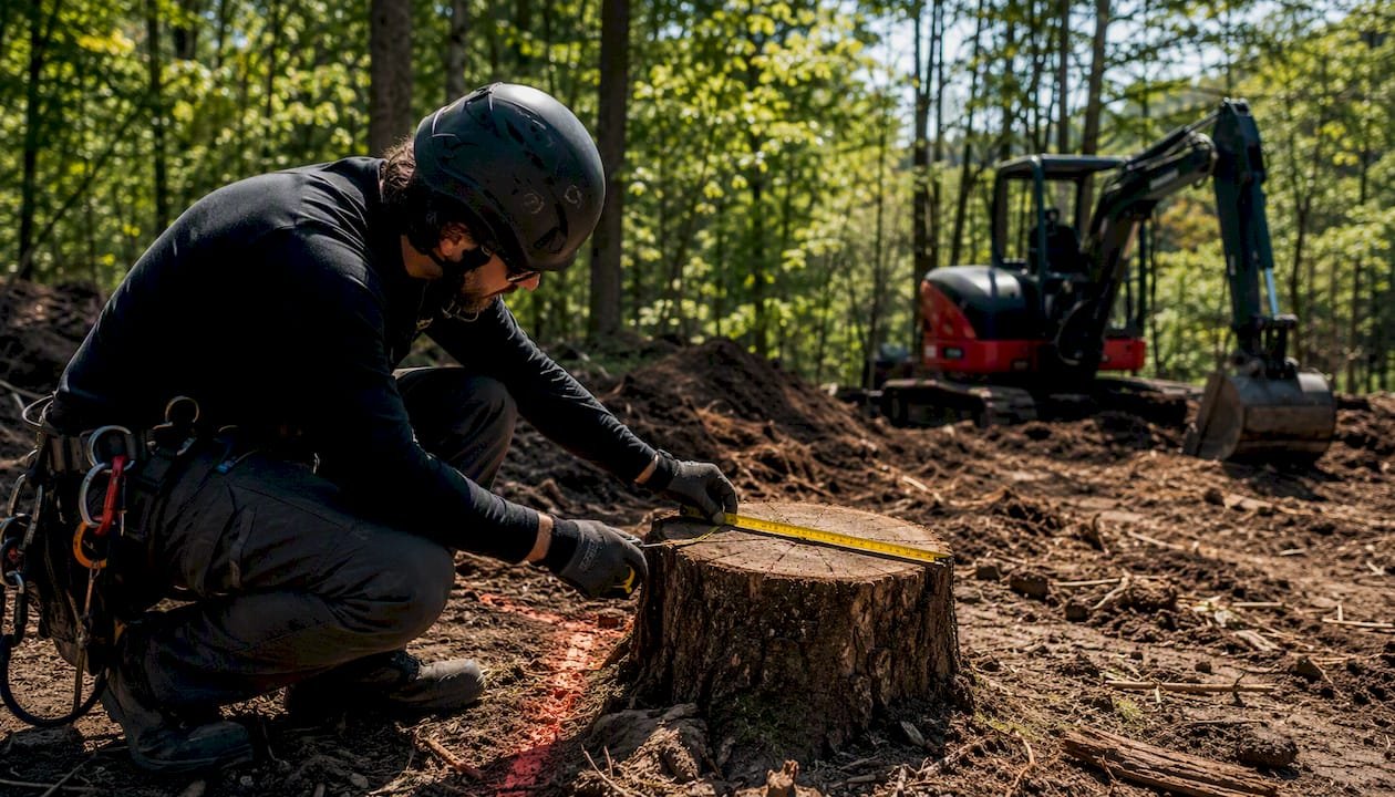 Arborist measuring tree for site prep