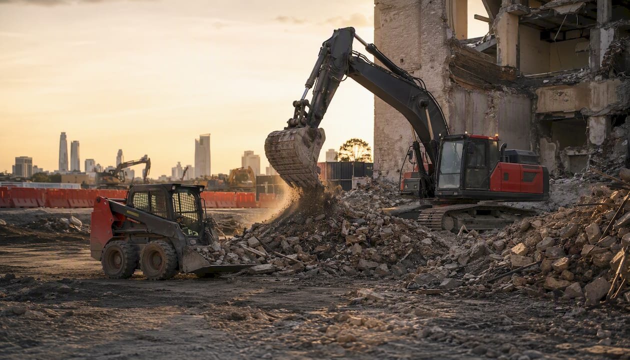 Excavator and bobcat clearing demolition site