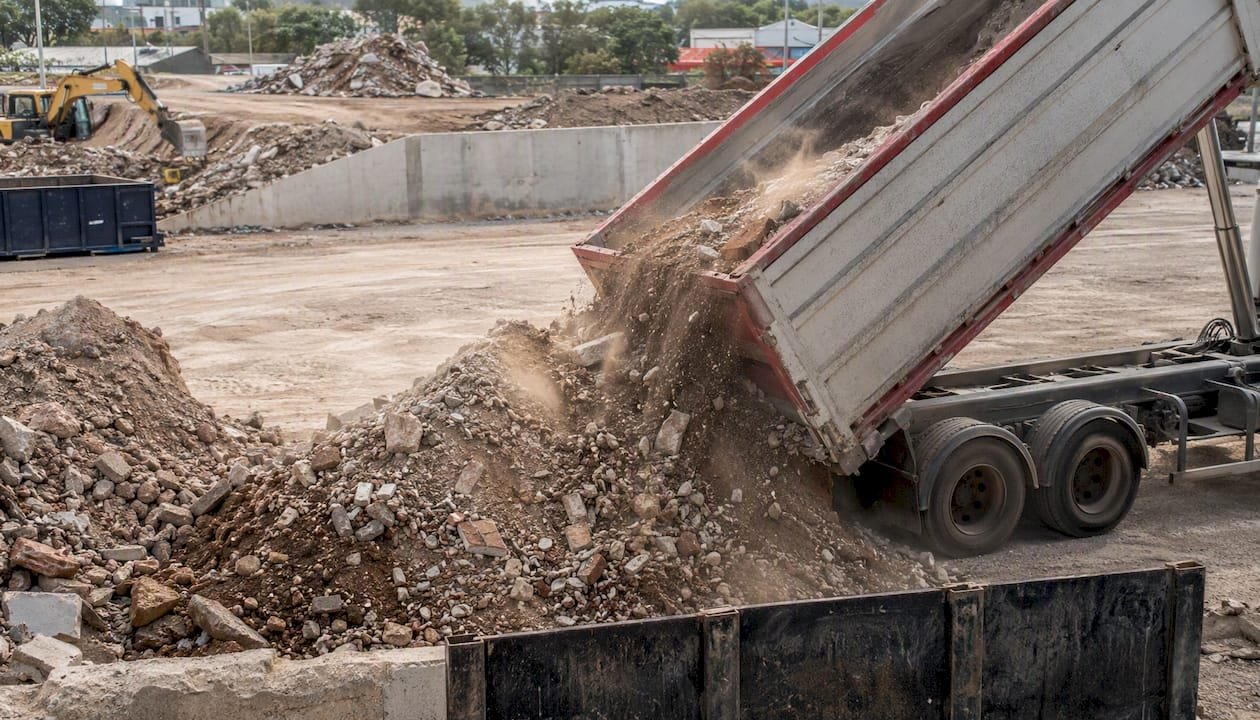 Tipper truck unloading demolition waste