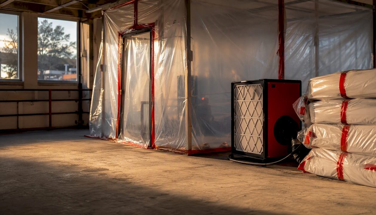 Asbestos removal containment setup at construction site
