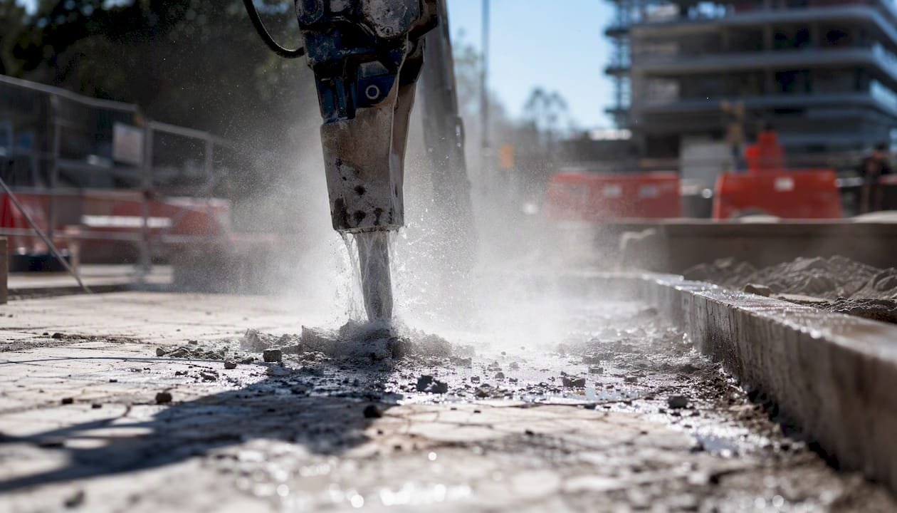 Wet mist suppressing dust at demolition site