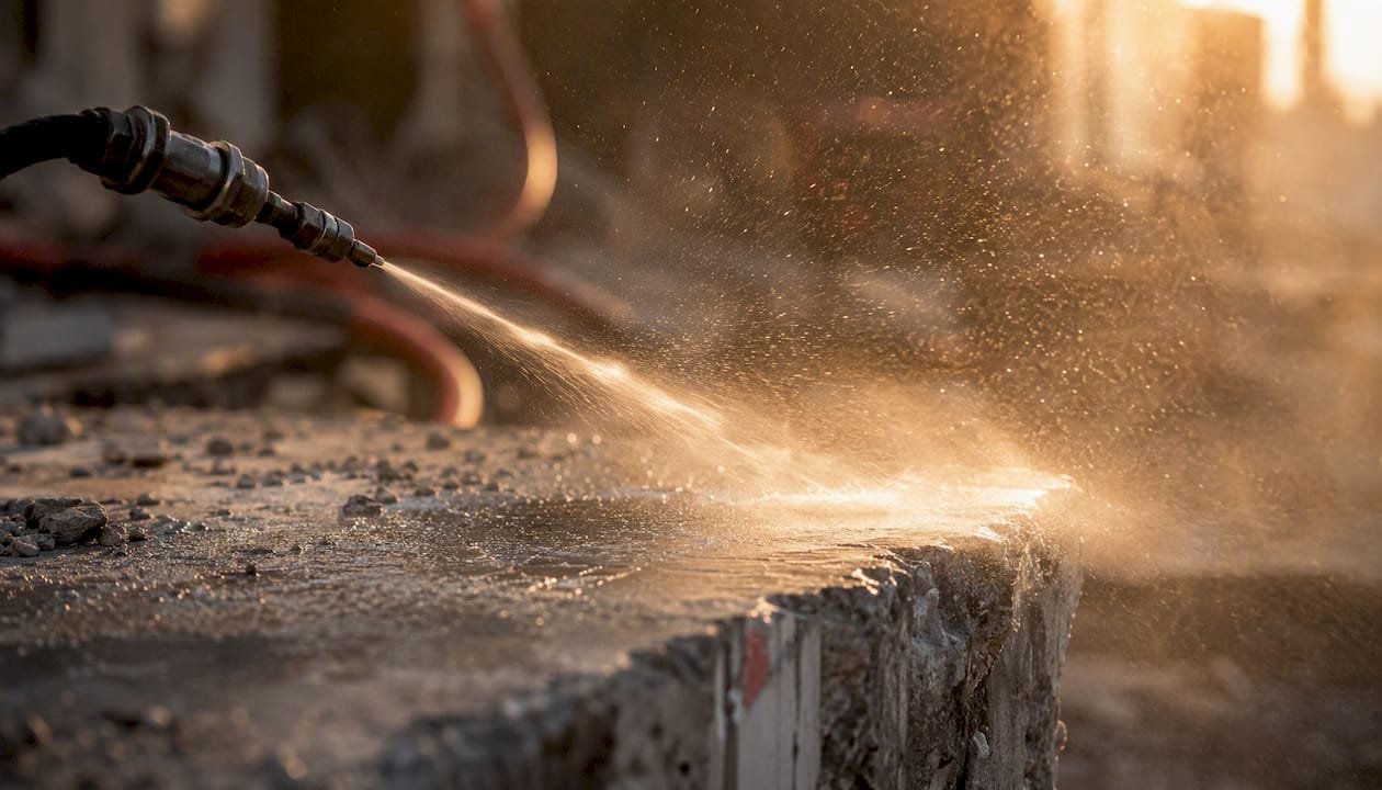 Mist droplets wetting dusty concrete wall