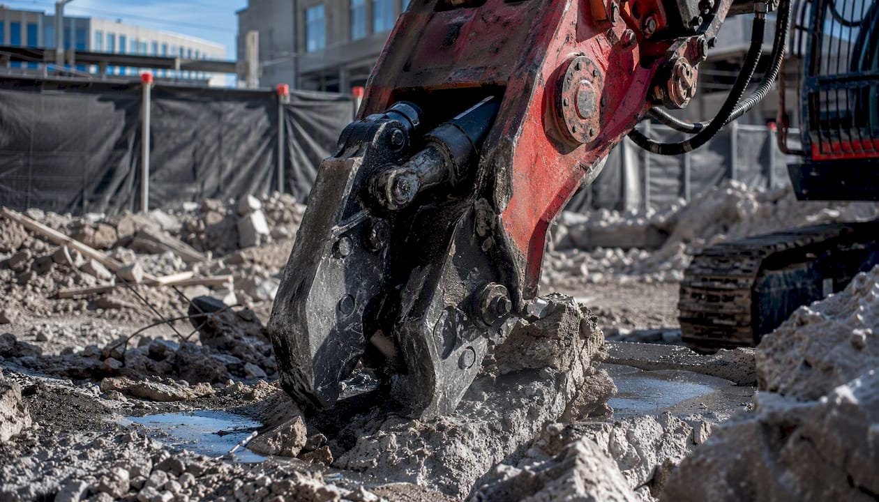 Hydraulic pulveriser breaking concrete with low dust