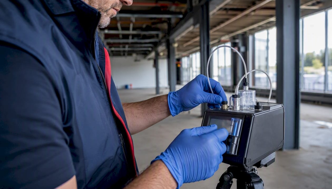 Technician placing air monitoring equipment after ceiling removal
