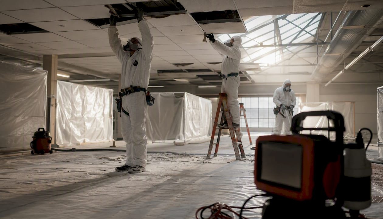 Workers removing suspended ceiling panels safely with protective gear