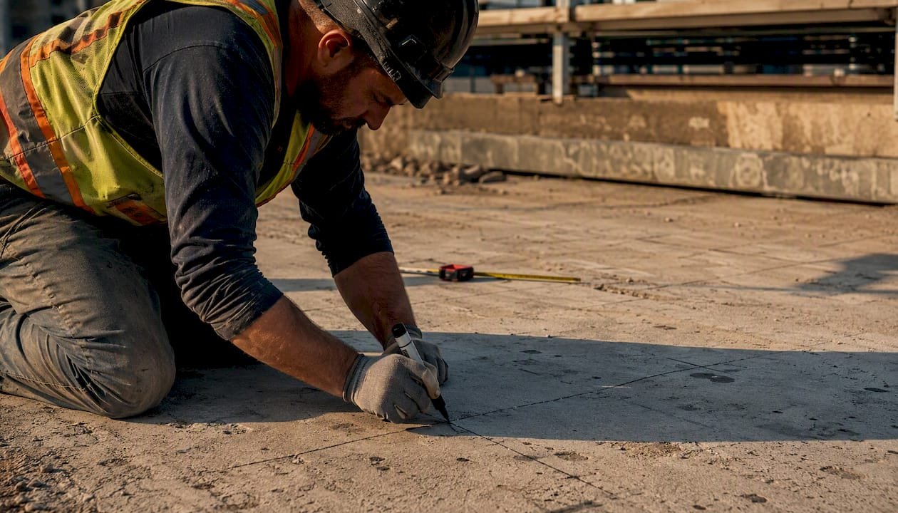 Worker marking concrete slab after GPR scan