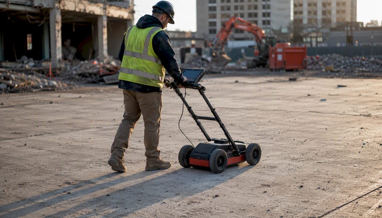 Operator using GPR device on concrete slab
