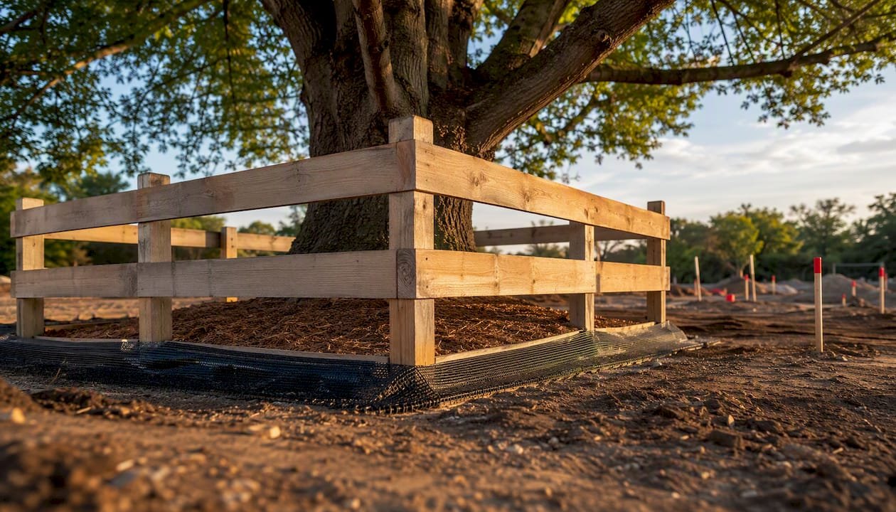 Mature tree fenced on construction site