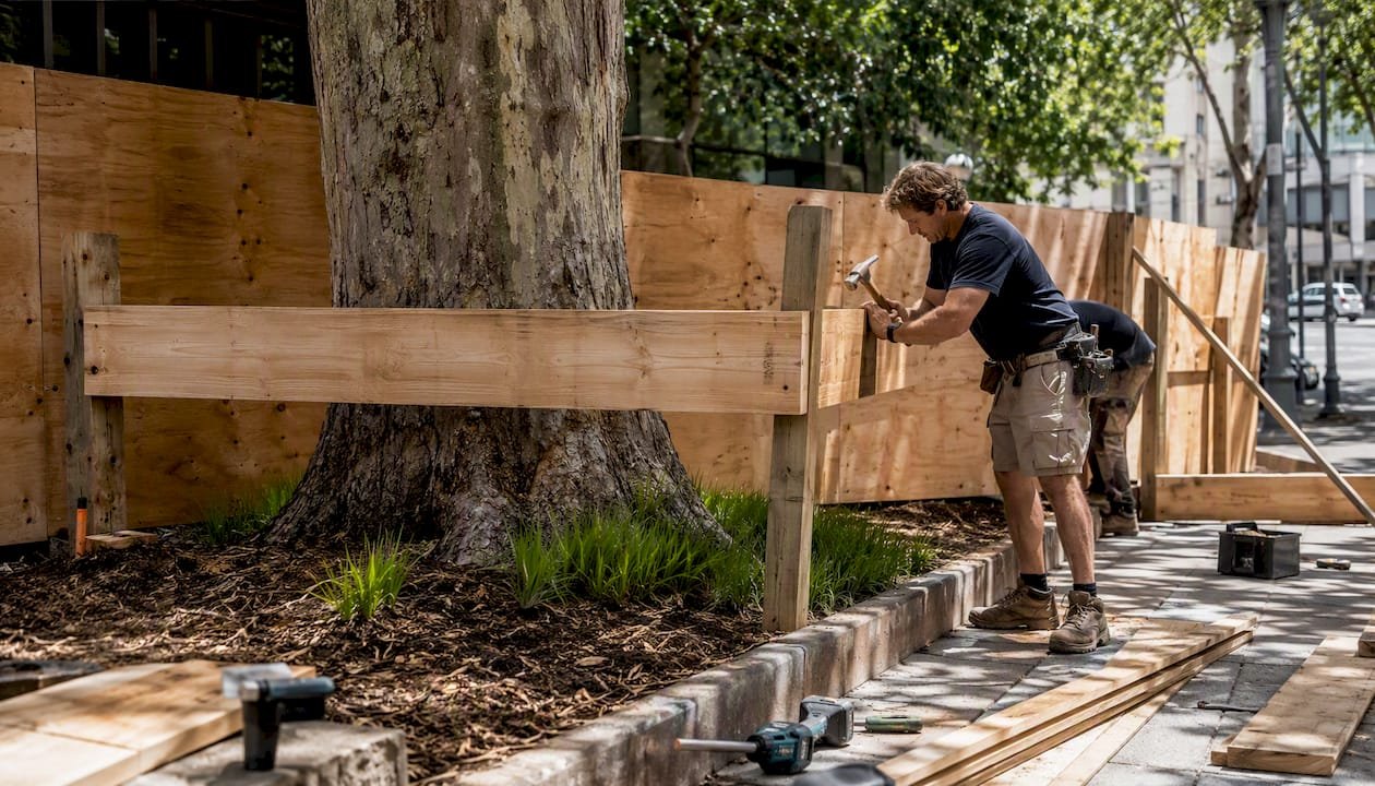 Installing protective fence around tree trunk