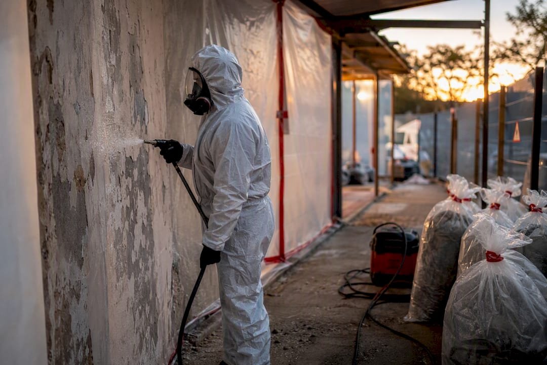 Technician wet-spraying suspected asbestos material