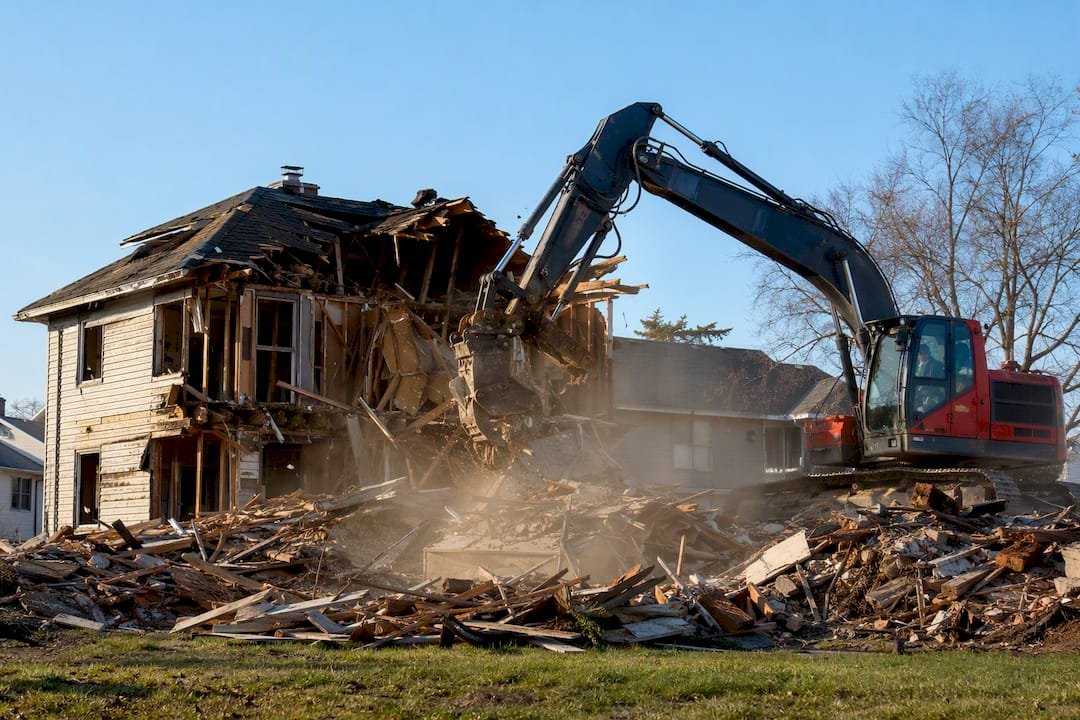 Excavator breaking down timber house exterior