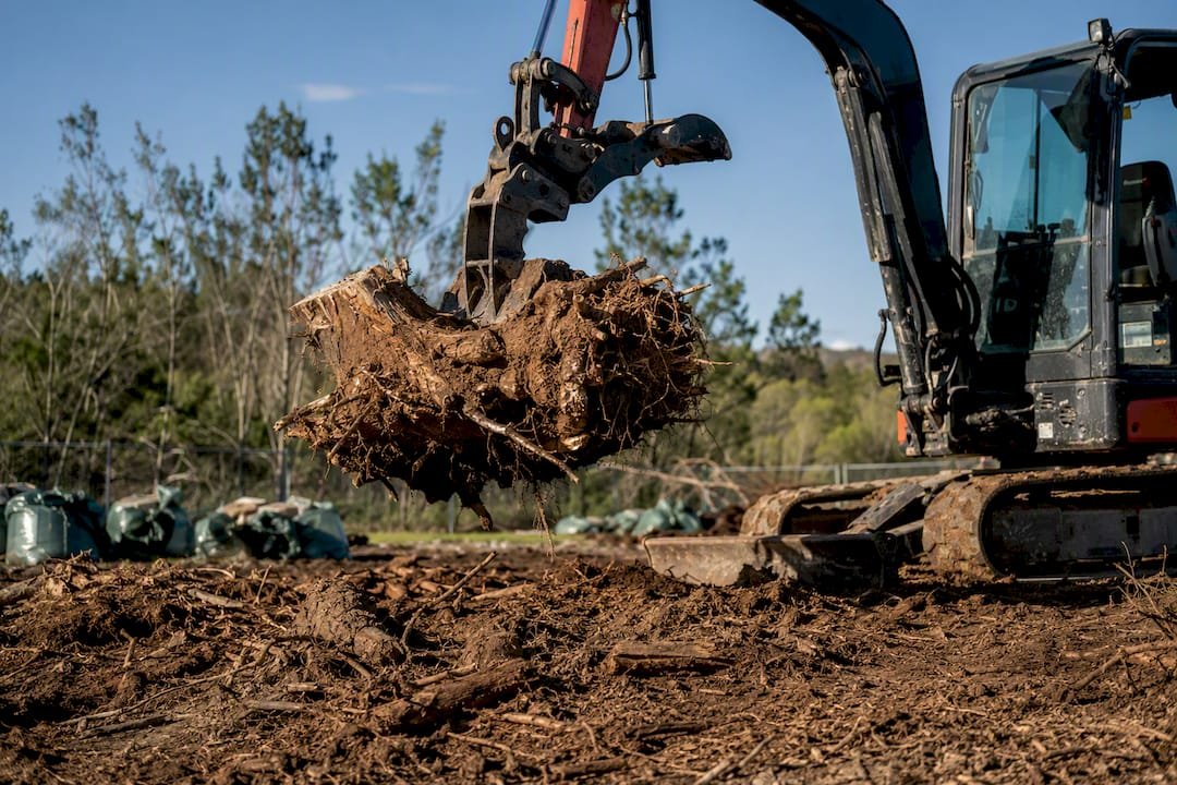 Excavator lifting tree stump root ball