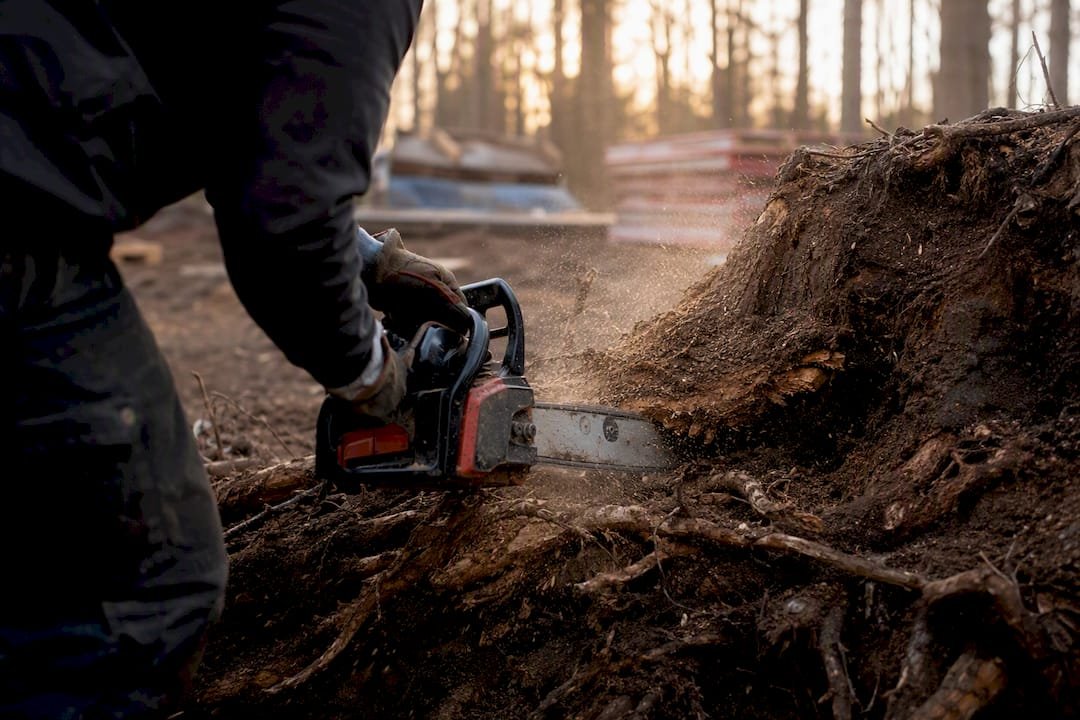 Chainsaw trimming roots near stump flare