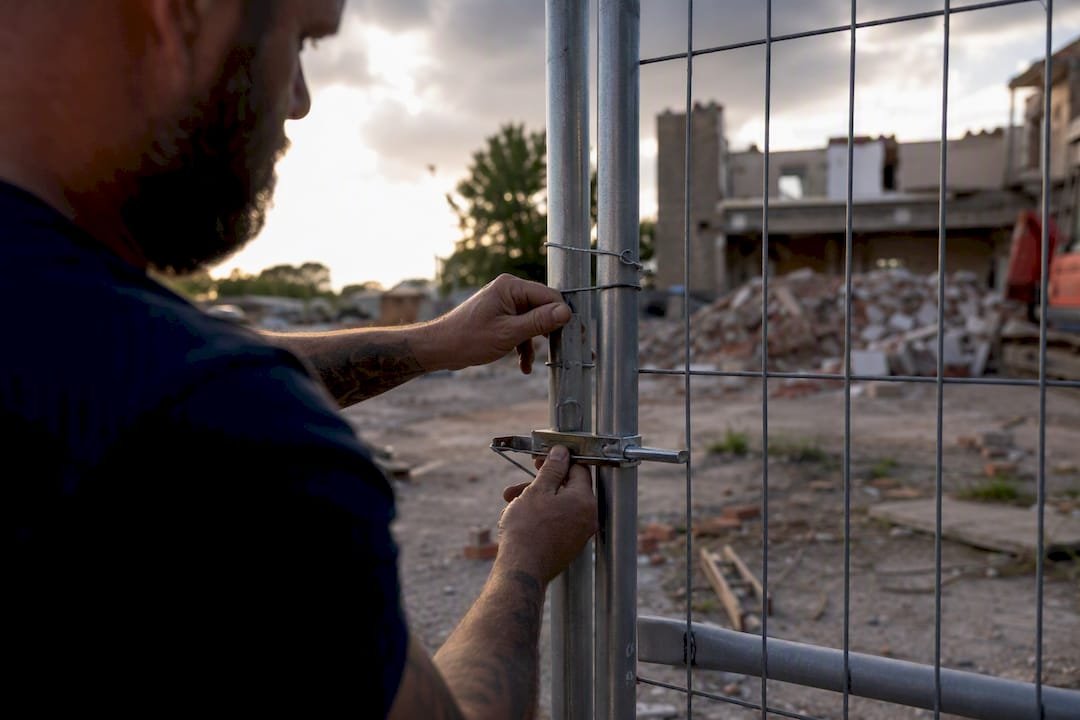 Hands inspecting demolition fencing gate latch