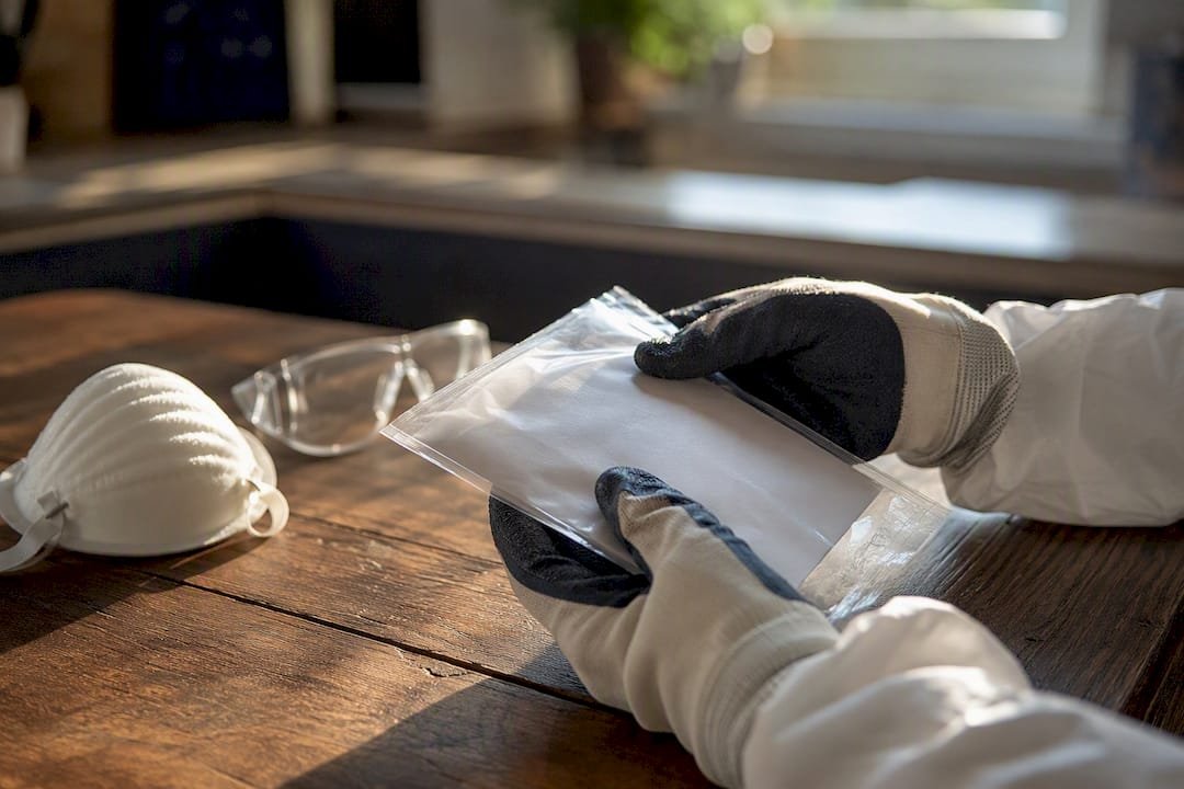 Hands holding DIY asbestos test kit with gloves