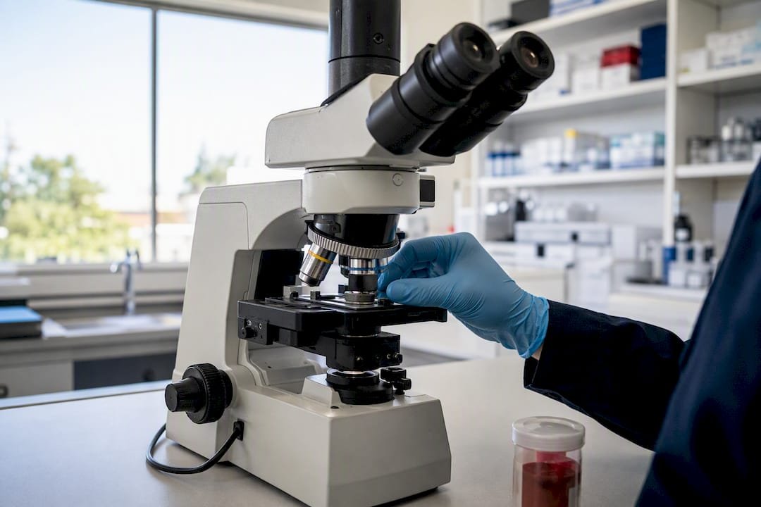 Technician preparing asbestos sample under microscope