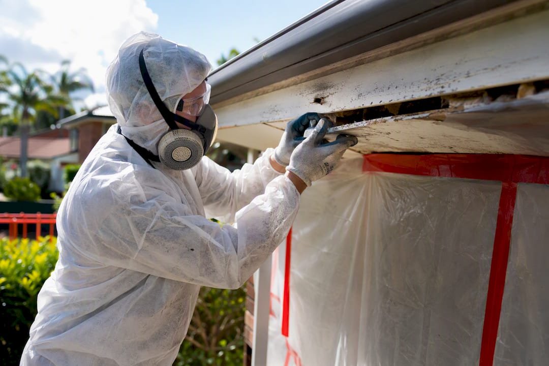 Worker removing asbestos eaves on house exterior