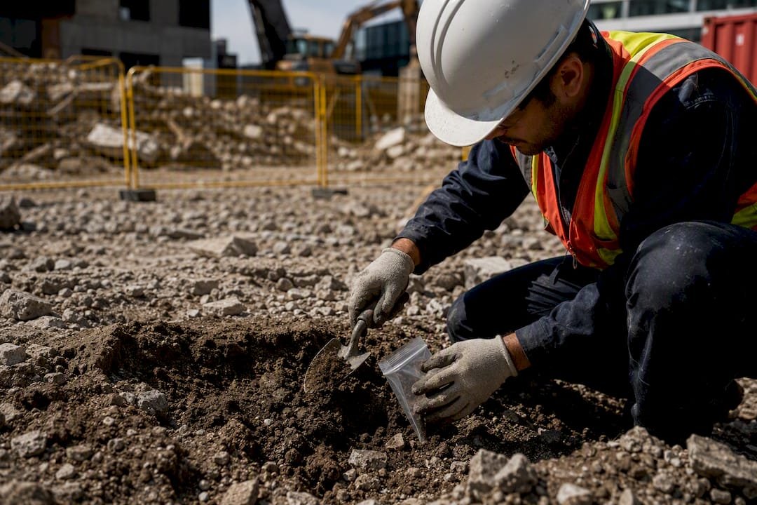 Worker collecting soil sample at demolition site