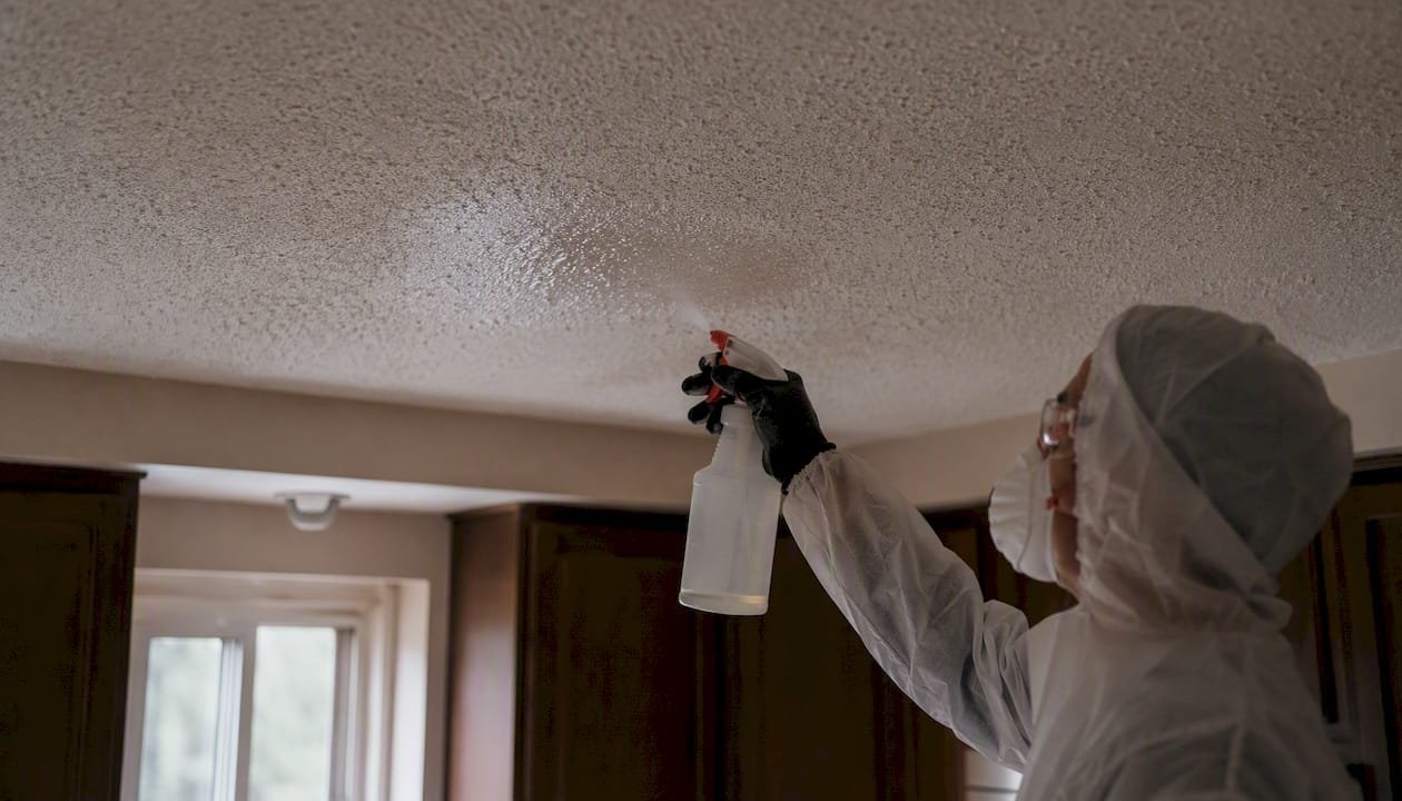 Spraying water on popcorn ceiling before sampling