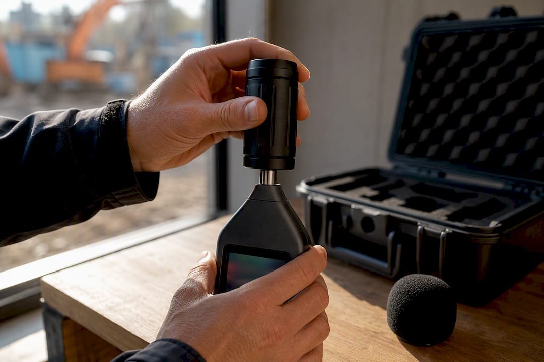 Technician checking sound meter calibration
