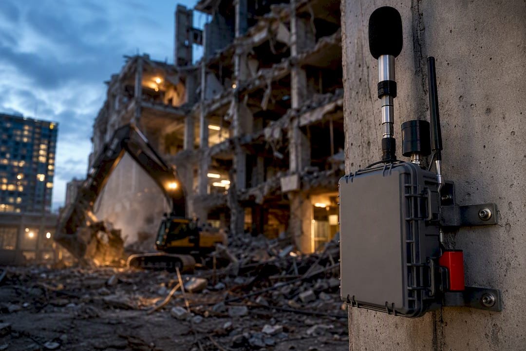 Monitoring station beside active demolition site