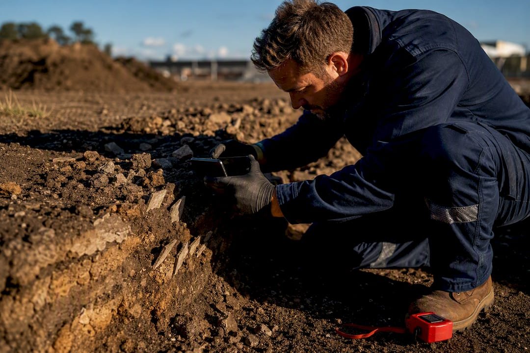 Asbestos fragments exposed in construction soil