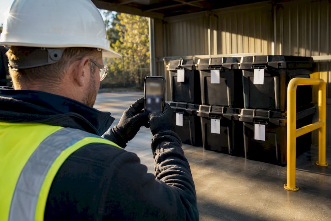 Worker photographing stored waste containers
