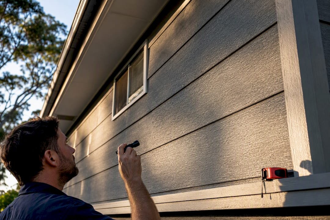 Inspector examining intact fibro cladding