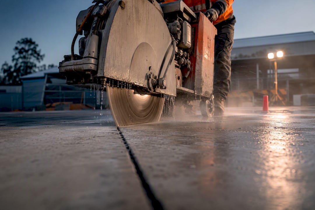 Concrete slab saw cutting a wet driveway