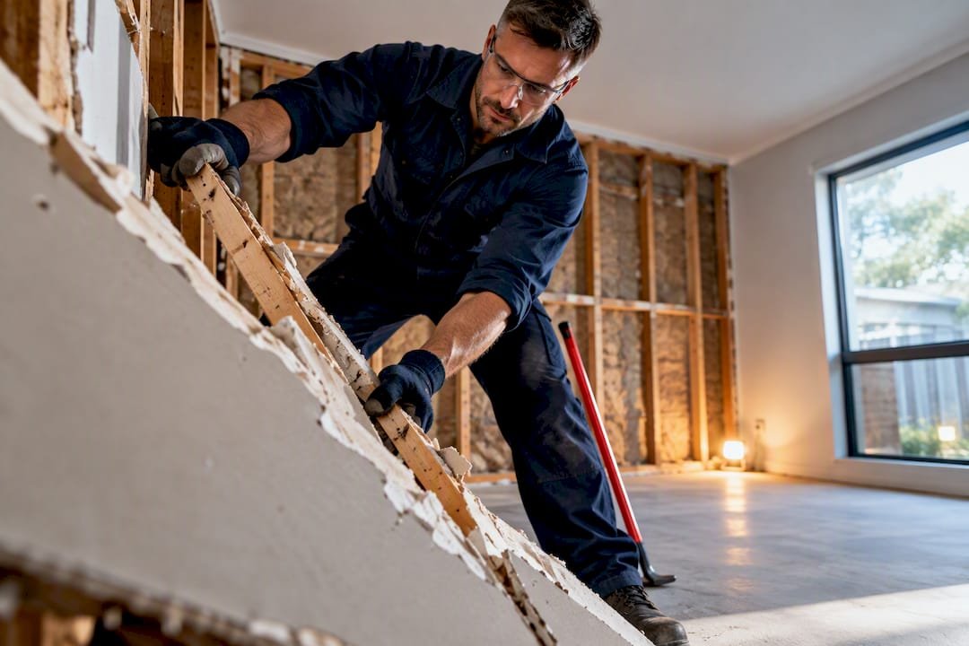 Worker removing plasterboard during interior strip-out