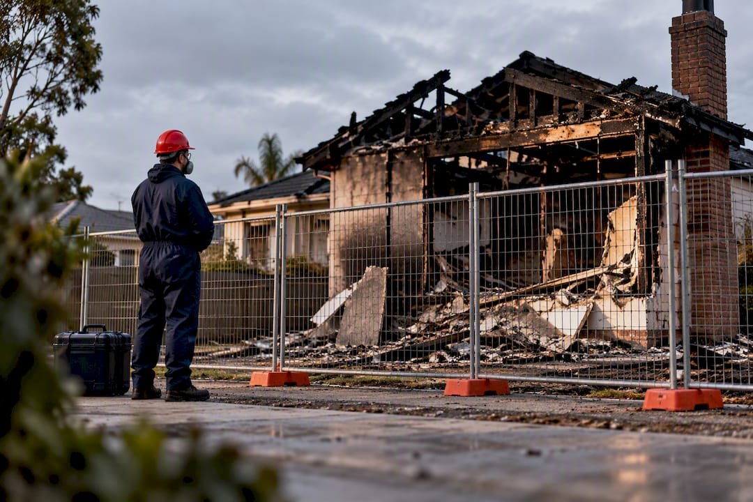 Fire-damaged house behind asbestos exclusion barrier