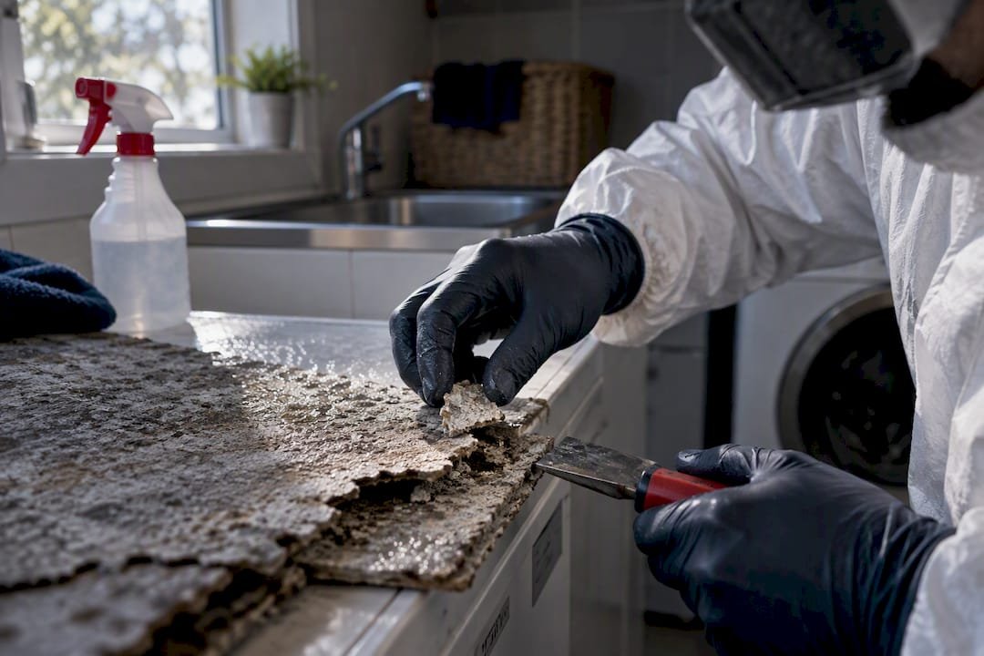 Gloved hands collecting a wet asbestos sample