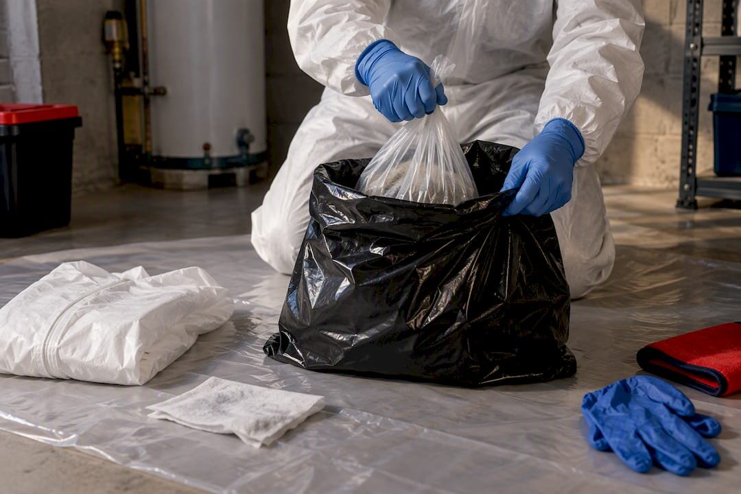 Gloved hands double bagging asbestos waste