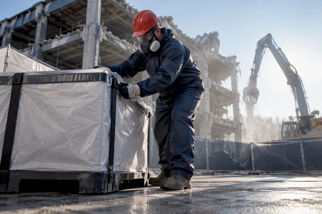 Licensed worker securing asbestos waste container