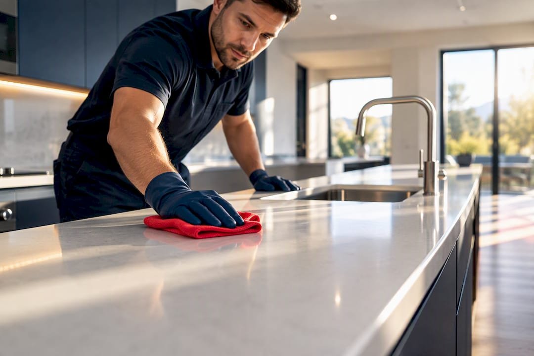 Worker completing final clean in finished kitchen