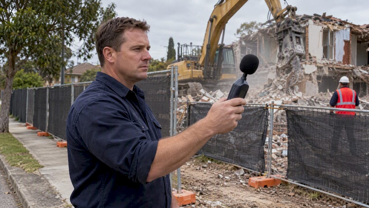 Consultant measuring noise beside demolition site